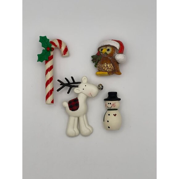 4 pc Lot Christmas Brooches Snowman, Candy Cane, Reindeer, Owl - Picture 1 of 11